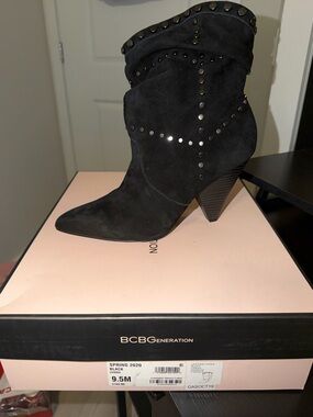 BCBGeneration Black Suede Studded Slouchy Pointed-Toe Boot